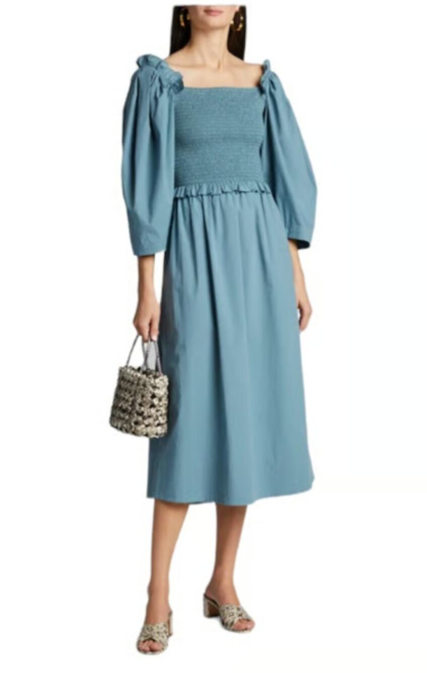 Sea New York Tuckernuck Tabitha Blue Teal Smocked Ruffle Midi Dress XS 2